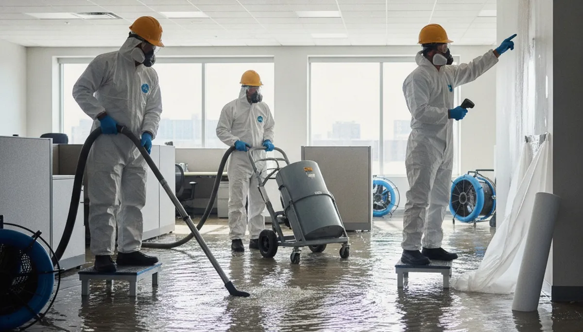 Irvine, CA water damage restoration crew cleaning up burst pipe water in a home