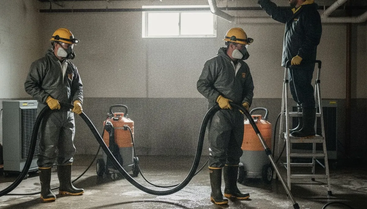 Irvine, CA water-damage team cleaning up burst pipe water in a home after plumbing leak