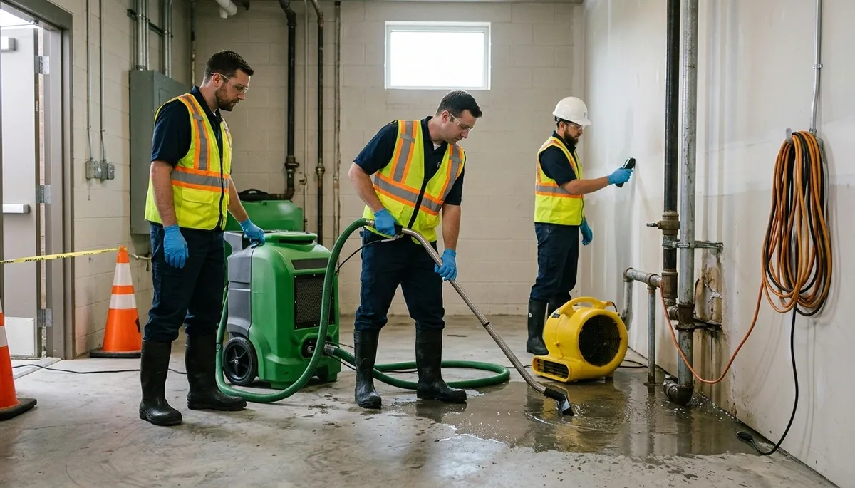 Irvine, CA water damage restoration crew responding to burst pipe cleanup in a home
