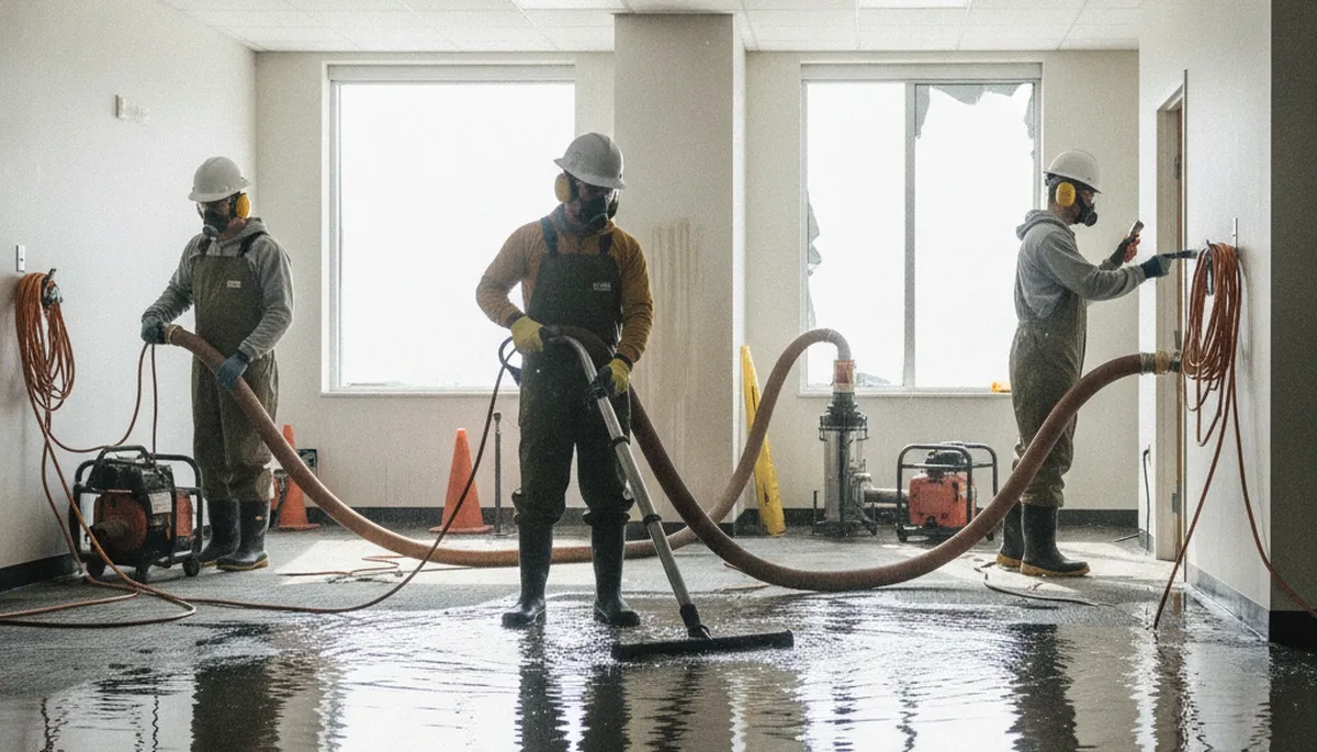 Irvine, CA water damage restoration team inspecting commercial flood damage in a building