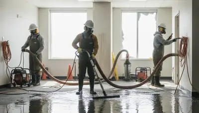 Irvine, CA water damage restoration team inspecting commercial flood damage in a building