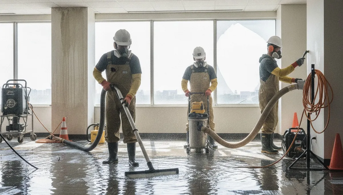 Irvine, CA water damage restoration team inspecting commercial flood damage in a home
