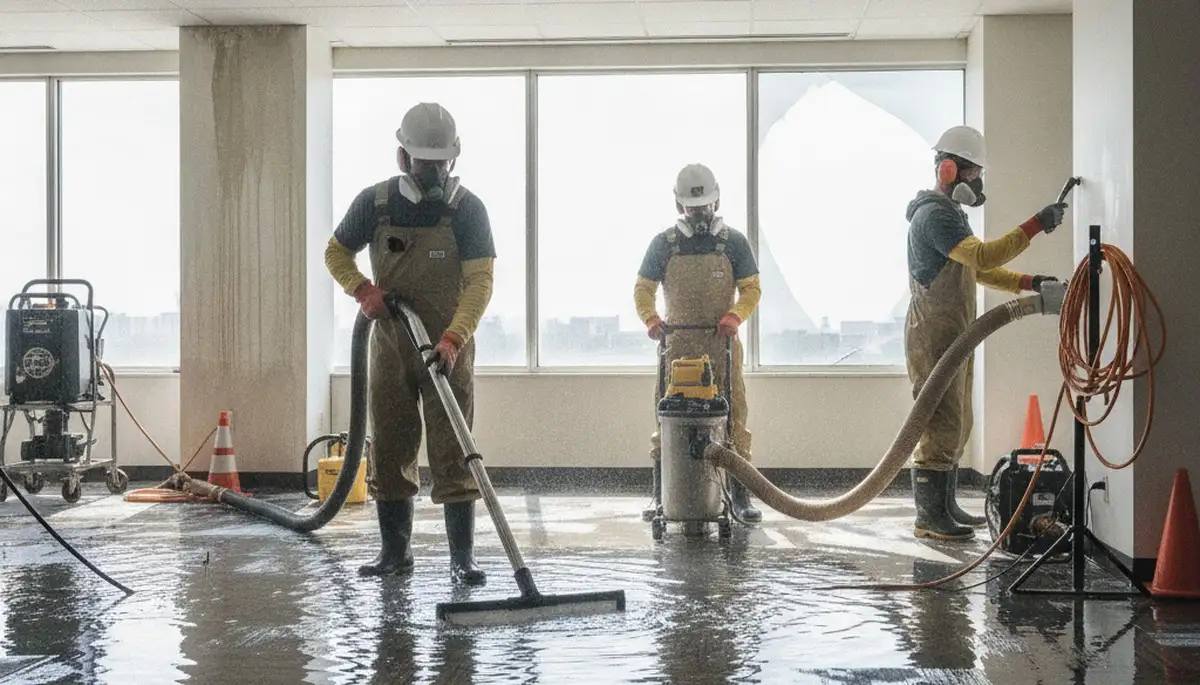 Irvine, CA water damage restoration team inspecting commercial flood damage in a home