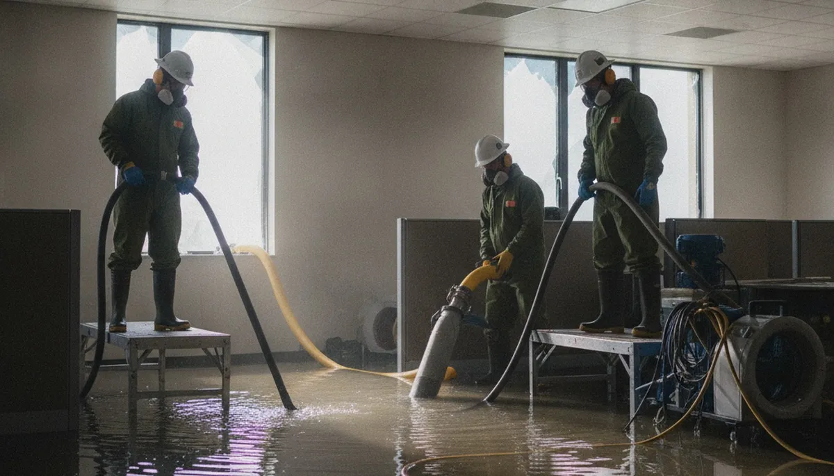 Irvine, CA water damage restoration crew removing water from a flooded home after a burst pipe