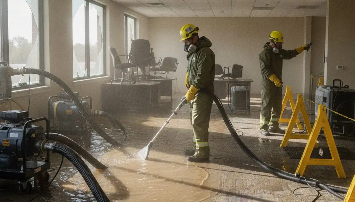 Irvine, CA water damage restoration team removing water from a flooded home after a burst pipe
