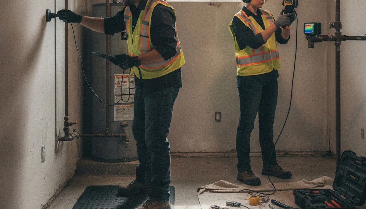 Leak detection technician inspecting hidden pipe leak in Irvine, CA home