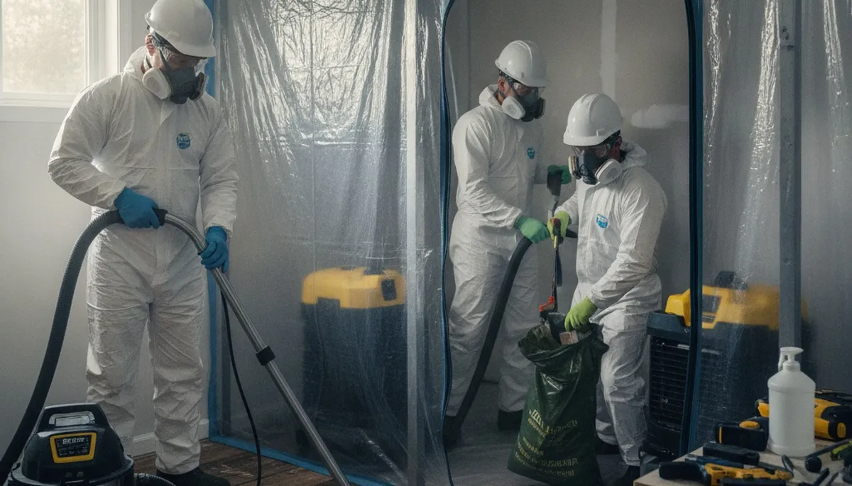 Irvine, CA water damage restoration team removing mold from a damaged home interior