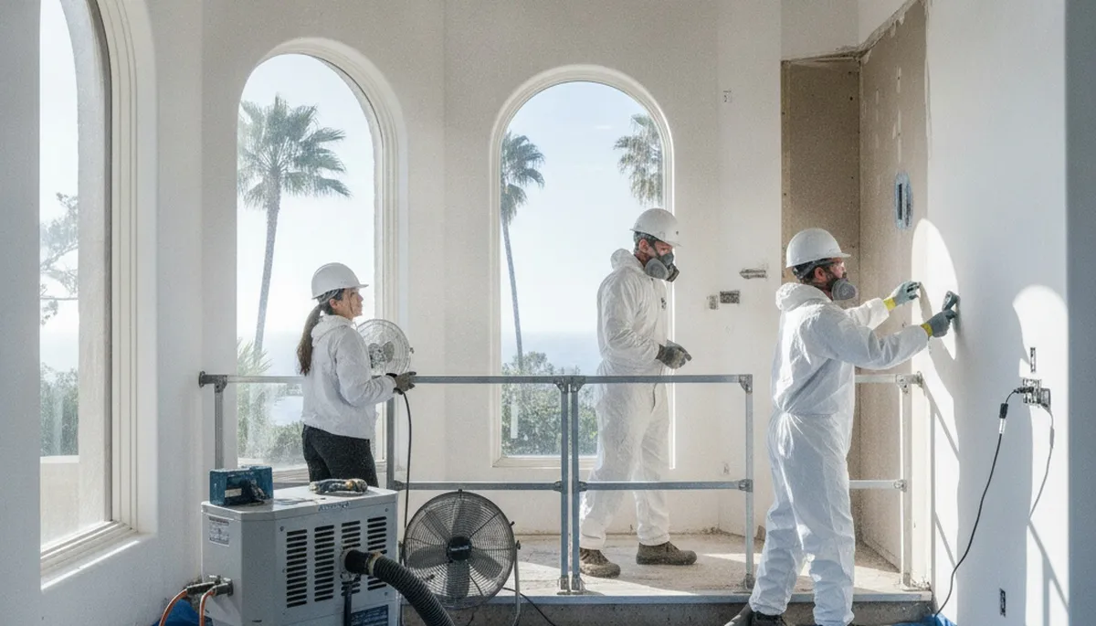 Irvine, CA water damage restoration team inspecting flood damage in a home