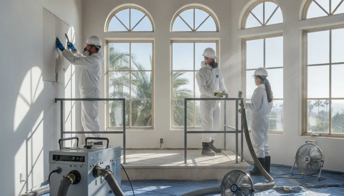 Irvine, CA water damage restoration team inspecting water damage in a residential property