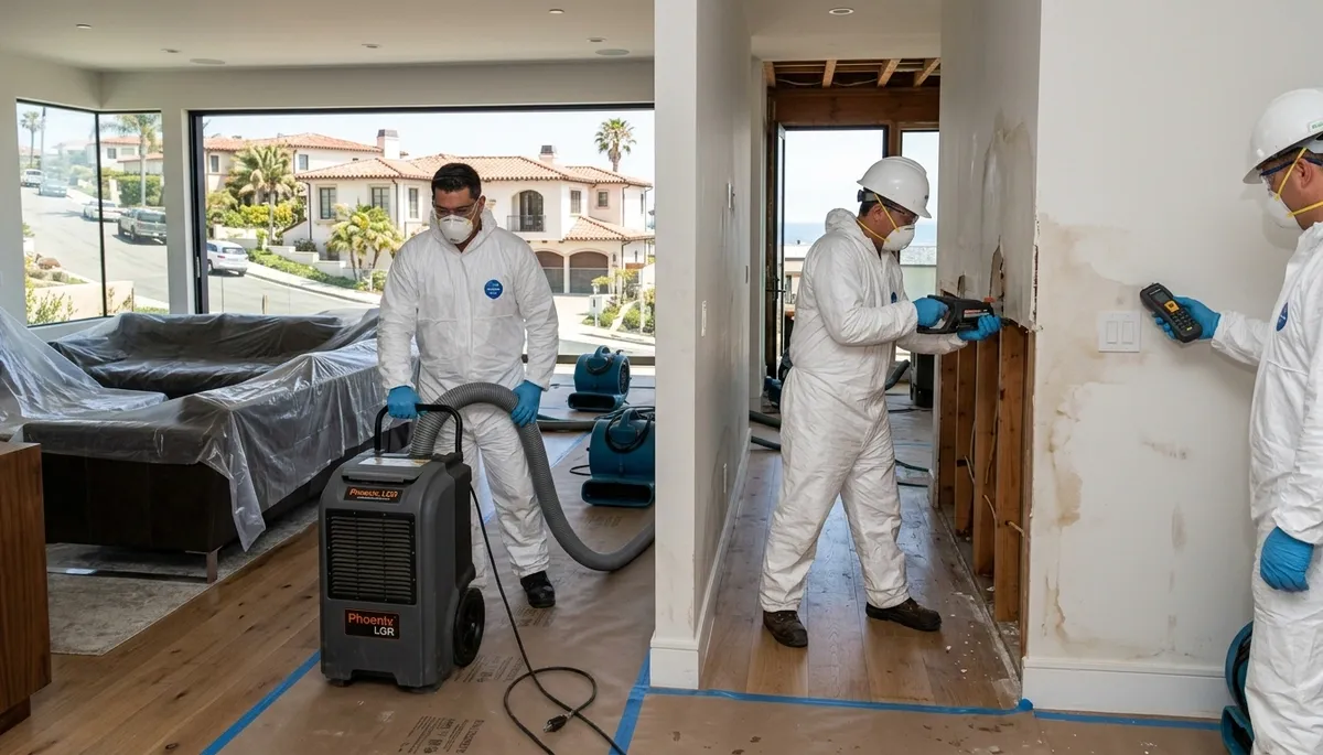 Irvine, CA water damage restoration team inspecting flood damage in a home