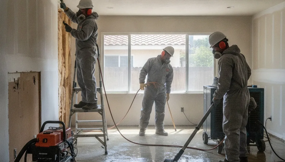 Irvine, CA water damage restoration team inspecting and drying a residential property after flooding