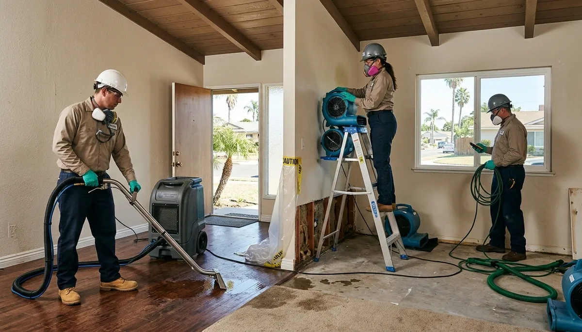 Irvine, CA water damage restoration crew inspecting flood damage in a commercial property