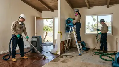 Irvine, CA water damage restoration crew inspecting flood damage in a commercial property