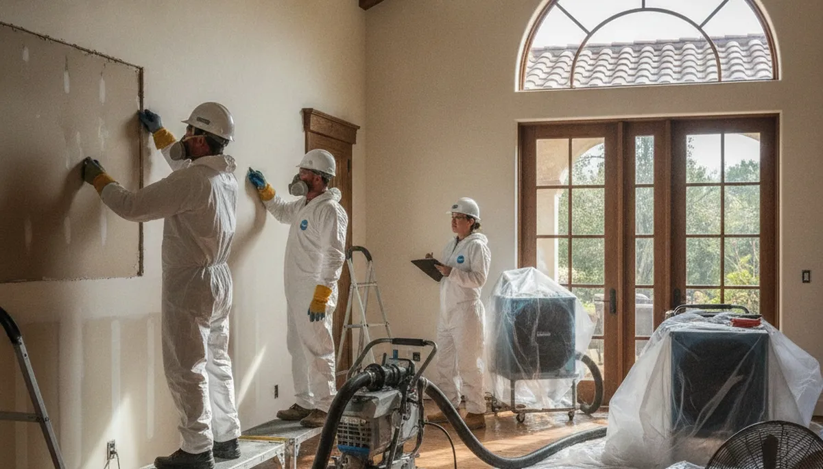 Irvine, CA water damage restoration team inspecting and drying a flooded property