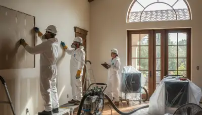 Irvine, CA water damage restoration team inspecting and drying a flooded property