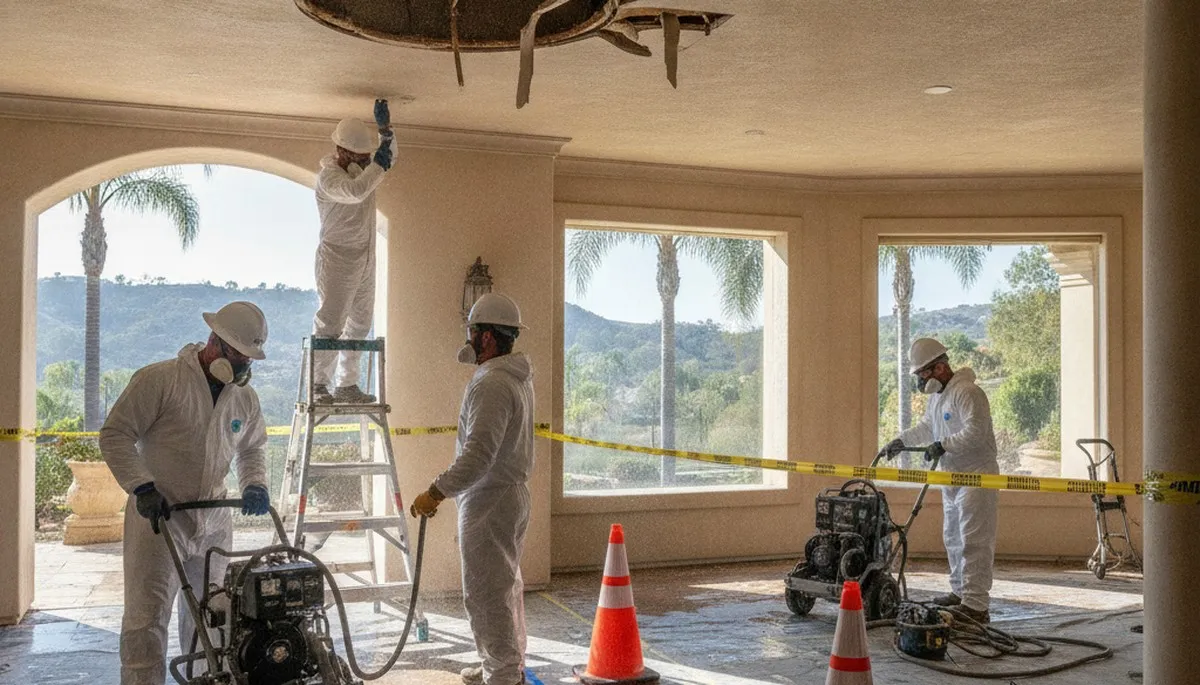 Irvine, CA water damage restoration team inspecting property for water cleanup and drying