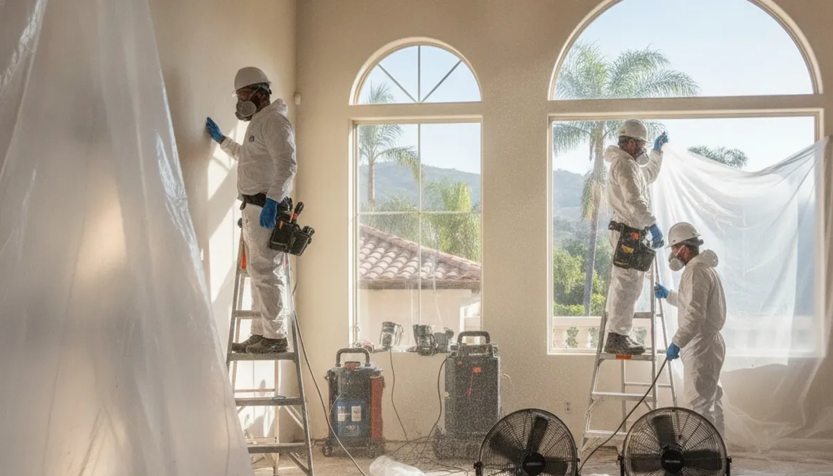 Water damage restoration team in Irvine, CA inspecting and drying a flooded property