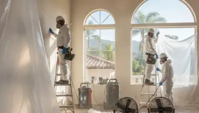 Water damage restoration team in Irvine, CA inspecting and drying a flooded property
