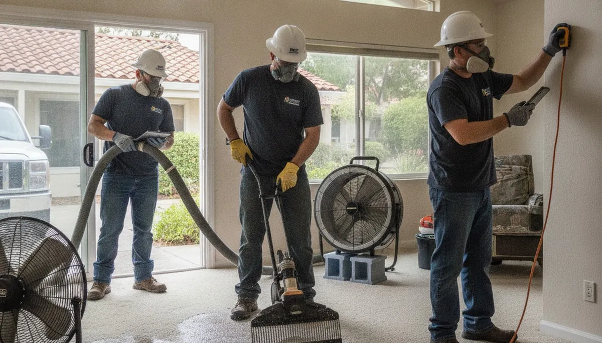 Water damage restoration team serving Irvine, CA with emergency cleanup equipment