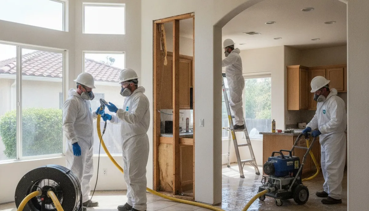 Water damage restoration team in Irvine, CA removing water from a flooded home