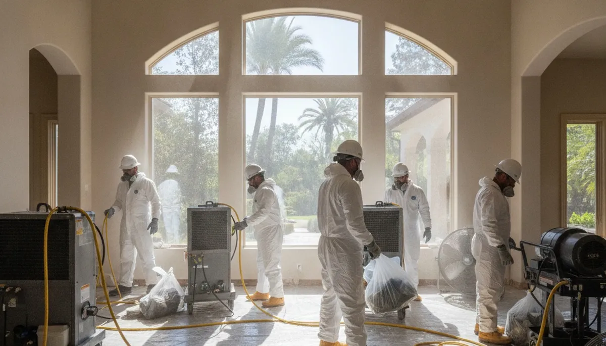 Water damage restoration team serving Irvine, CA with emergency cleanup and repair equipment