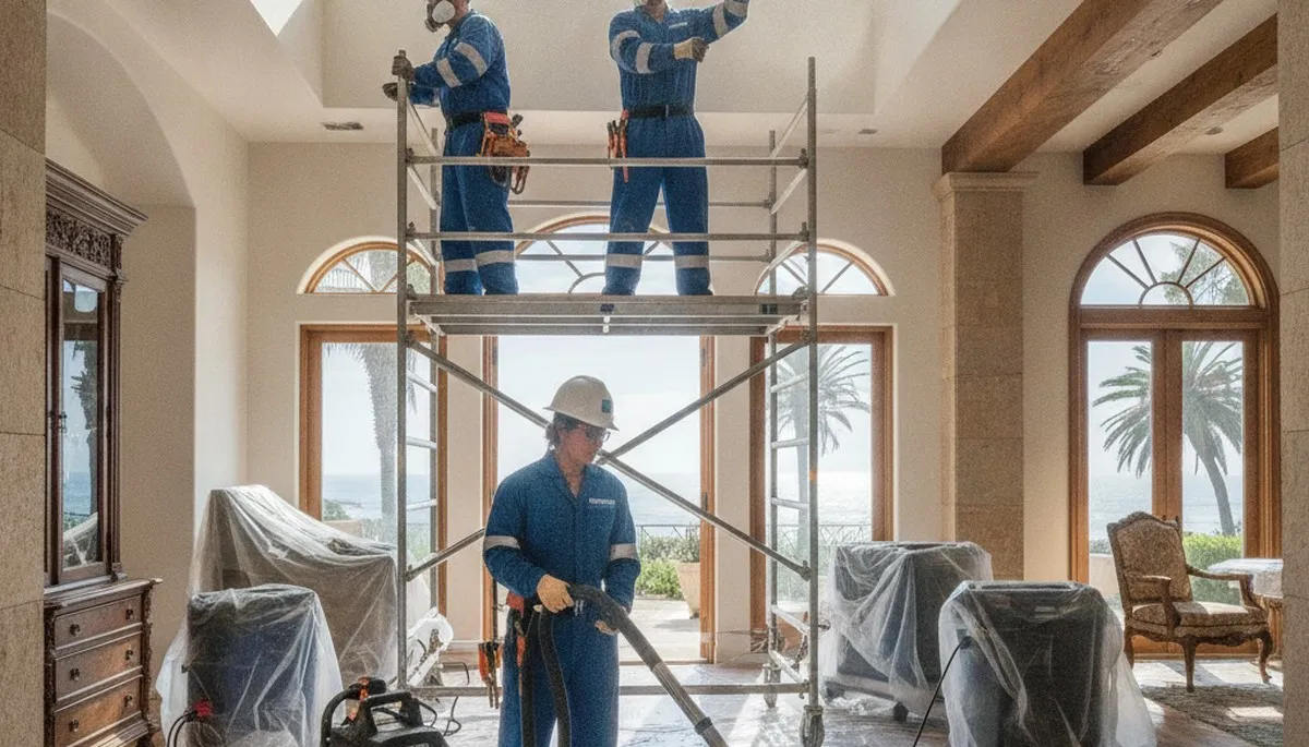 Irvine, CA water damage restoration team inspecting and drying a damaged home interior
