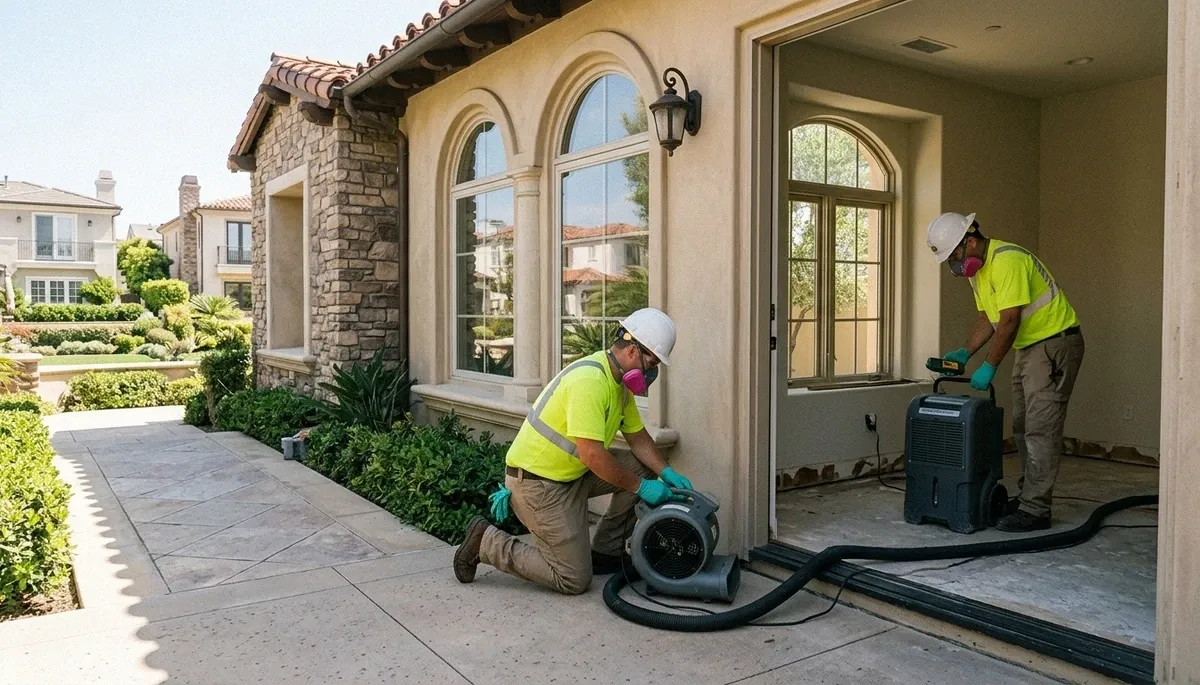 Water damage restoration team serving Irvine, CA with professional cleanup and drying equipment