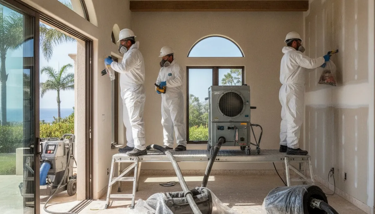 Irvine, CA water damage restoration team inspecting and drying a flooded property