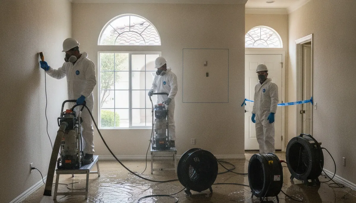 Irvine, CA water damage restoration technicians inspecting a damaged home for cleanup and repair
