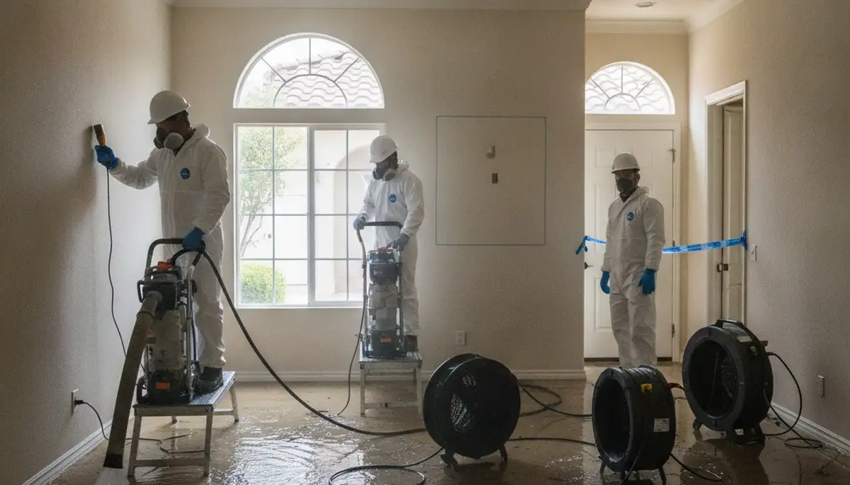 Irvine, CA water damage restoration technicians inspecting a damaged home for cleanup and repair