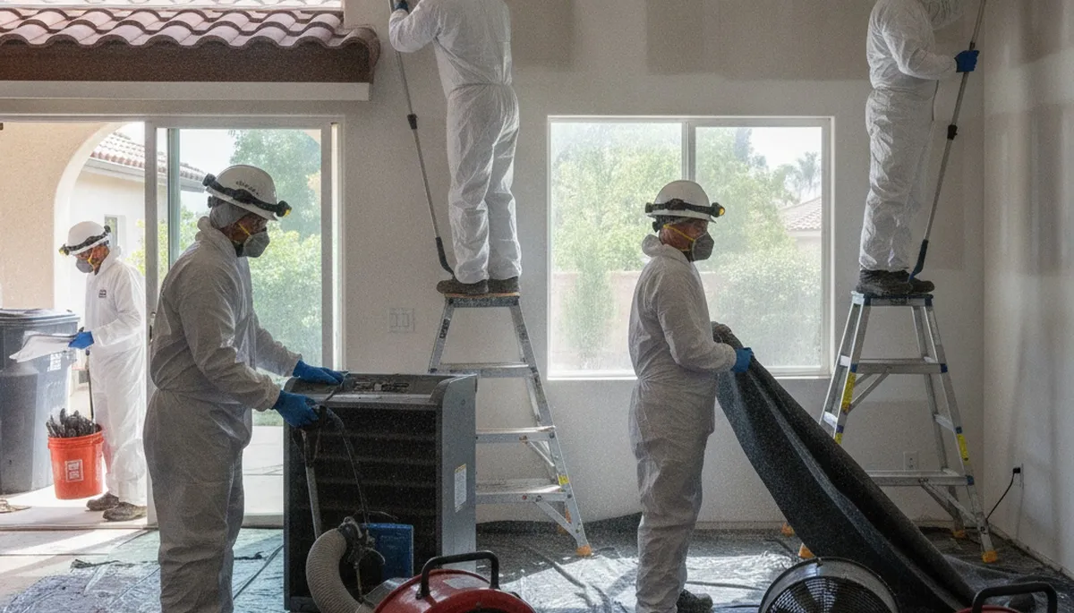 Water damage restoration crew serving Irvine, CA with professional cleanup and repair equipment