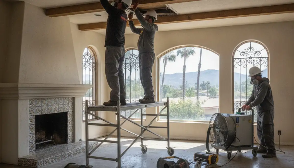Water damage restoration crew in Irvine, CA removing water and drying a flooded property