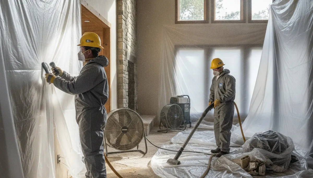 Irvine, CA water damage restoration team inspecting water-damaged property after a leak