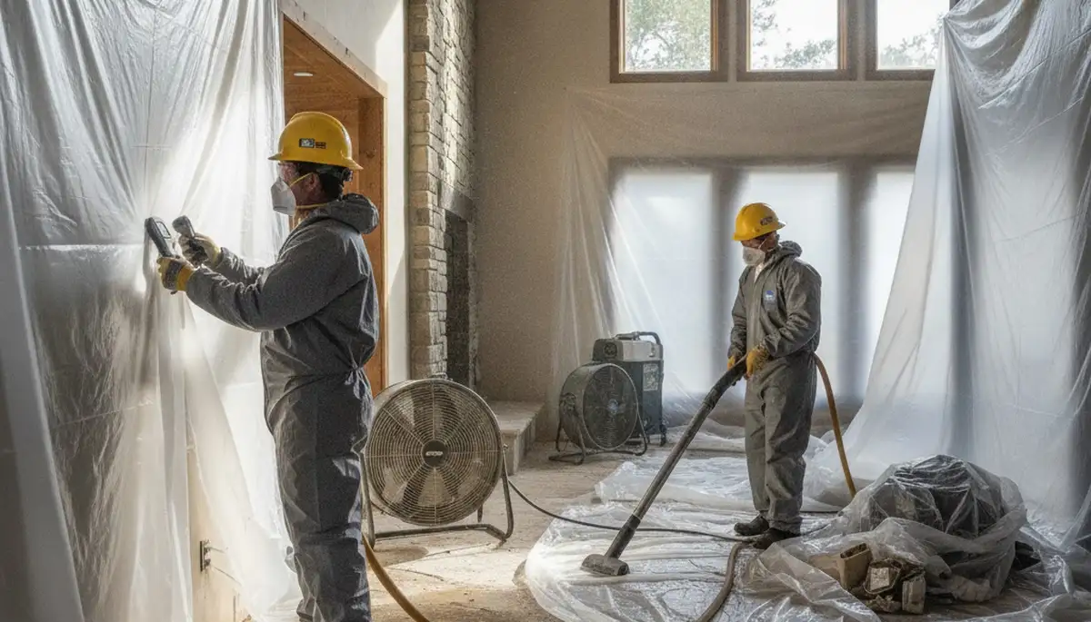 Irvine, CA water damage restoration team inspecting water-damaged property after a leak