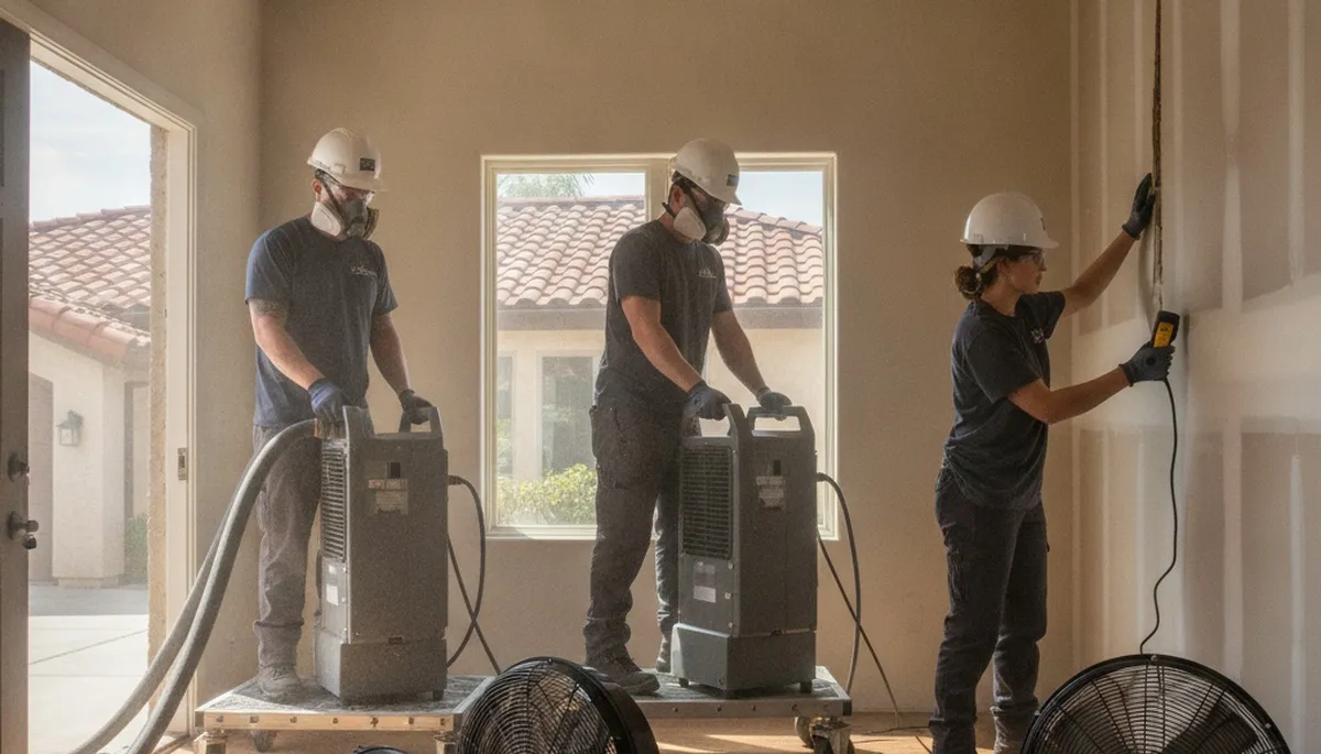 Irvine, CA water damage restoration crew drying and repairing a home after flooding