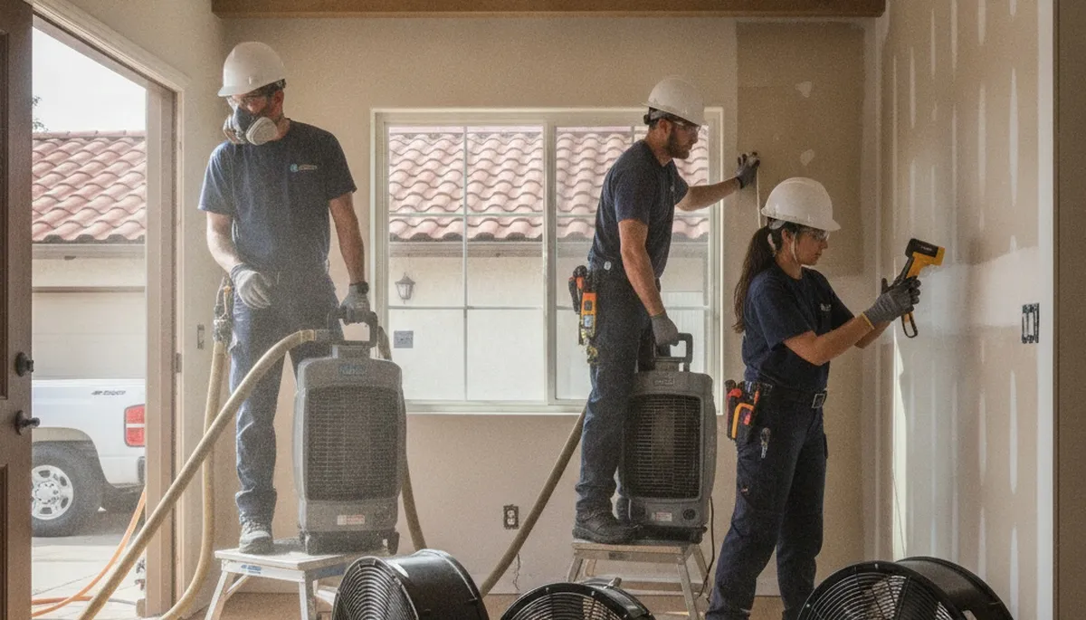Water damage restoration team serving Irvine, CA, with emergency cleanup and drying equipment