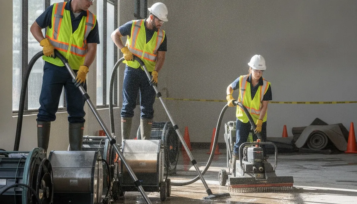 Water extraction crew removing floodwater from an Irvine, CA home for fast water damage restoration